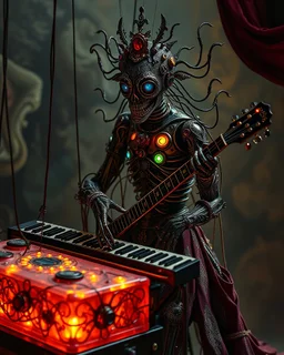 full body, inspired by Tim Walker's style, an otherworldly figure takes the spotlight. This enigmatic being morphs into a Krofft Pufnstuff puppet voodoo cutie playing the Keyboard instrument, adorned with intricate details, bioluminescent features, and hints of cyborg elements.The composition blends Renaissance aesthetics, Alex Grey's detailed style, and Michael Cheval's playfulness, all with a surreal and pop art twist reminiscent of František Vobecký's work. This 8K image is an invitat