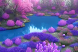 monde en fleurs bleu pink,blue lake, concept art, crépuscule , trees bleu pink violet oranger, vibrant Color, réaliste, crocus