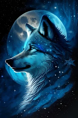 luna, blue wolf, stars, galaxy, peace