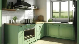 kitchen with celadon green furniture, on the left side by the window from the bottom up, a microwave and an oven installed in the furniture, and on the right side and next to it an induction hob and a cooker hood above it, on the right side there is a sink and a dishwasher underneath it