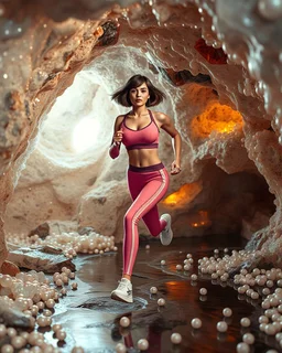 make a picture pretty crystal cave covered with jwellary and 3d recursive cubic and sphere base pearls and a beautiful fashion model lady with cute,bob hair,makeup, in pretty sports suit is running inside cave ,dynamic camera fallow her inside cave capturing full body, dynamic lights.