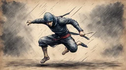 Hyper Realistic colored-sketch of ninja-warrior jumping & training in a heavy rain on a cracked-vintage-old-paper