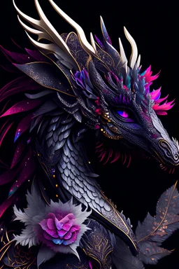 mythical dreamy Dragon portrait, adorned with black diamond and Ruby headress, textured metál skaes skin, Dragon like rainbow wings geometric patterned detail of shimmerimg skin transculent floral ornament maximálist extremly detailed hyperrealist concept art