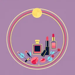 A circular logo for a cosmetics store with a symbol of the moon in the upper part and decorated in the lower part of the circle with nail polish and women's cologne and lipstick and cheek rouge and the use of red, gold, blue and pink colors