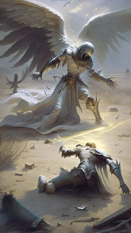 angel reaching a dead paladin in the ground, battlefield in the background