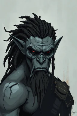 abstract half-orc with grey skin and dreads