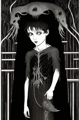 7 year old boy, necromancer, friendly, looks dead,with a long lamprey emerging from his belly , wearing black robes, in the style of Harry Clarke