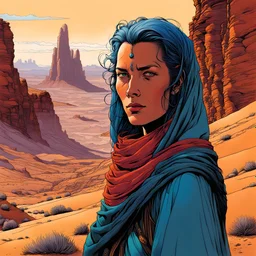 create an portrait of a nomadic shepherdess with highly detailed feminine facial features, inhabiting an ethereal desert canyon land in the comic book style of Jean Giraud Moebius, David Hoskins, and Enki Bilal, precisely drawn, boldly inked, with vibrant colors