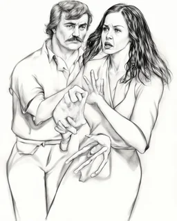 dibujo realista en grafito mujer 35 años pelo suelto negro, vestida en robe, discute con hombre 50 años con bigote, la toma del brazo amenazante, iluminacion suave desde arriba, mirada enojada