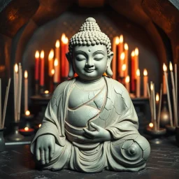 mythical Budda shaped from clay showing the many cracks, curves, and handmade details in the dried clay. Background is a shrine with many candles and burning incense sticks in a small dark alcove