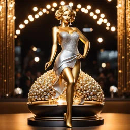 A magnificent golden and silver heart-shaped sign adorned with a stunning golden sphere encrusted with sparkling diamond clusters at its center, elegantly spinning in position,a girl statue standing pose