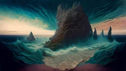 The Eternal Shore || surreal landscape, in the styles of Otto Rapp and Pablo Amaringo and Agostino Arrivabene, mixed media, cinematic, sharp focus, highest resolution