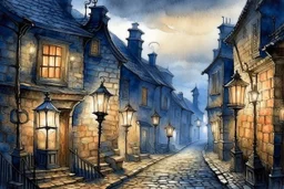 Prompt: a lantern glowing softly on a cobblestone street, mist swirling, with old Victorian houses lining the path, watercolor, mysterious, nocturnal