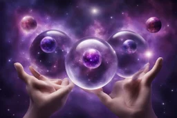 kundalini, connected to the universe, few colours of galaxy, holding galaxies in few hands in glass balls, purple colours