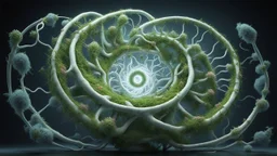 A genetically engineered plant emerges from a mesmerizing spiral, inspired by E. T. A. Hoffmann. This intricate 3D render depicts a fusion of primitivism and biochemistry, showcasing a fascinating blend of RNA bioweapons, xenobiology, and the morphing DNA helix. The image portrays a bioorganic concept of a mechanically evolved life form, born out of DNA experiments.