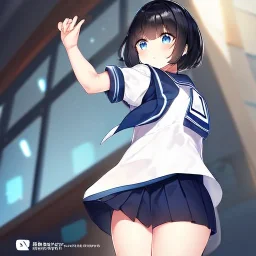 Clear focus,High resolution, Black short fluffy hair, and blue eyes, wearing a sailor uniform, must wear a short skirt with a horizontal line, Blushing