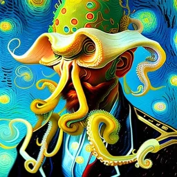 Dibujo al oleo de un hombre pulpo pintado con muchas nubes de colores estilo Vincent van Gogh