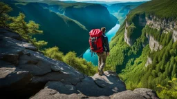 photo from falls down the mountain a human figure with a backpack falls from a high cliff into the abyss, detalied, Professional photography, natural lighting, canon lens, shot on dslr 64 megapixels ,sharp focus