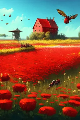 field, farm, scarecrow, plants, red flowers, grass, sky, bees, honey, bee houses, trees, fountain, flowers