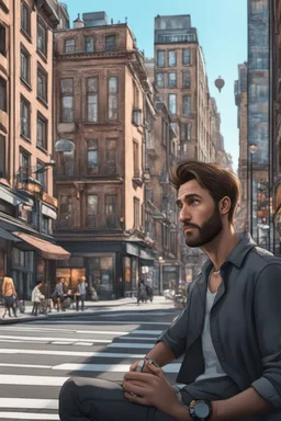 Cartoon of a man in the city hyper-realistic 8k