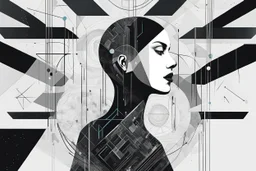 black and white drawing half human portrait, abstract and geometric shapes, merging typography and illustration in a unique dark fantasy style. The atmosphere surrealism and minimalism, pale color, splash art, high-tech dark future, cyber-etheral pale blue magnetic atmosphere. on sky and on tall walls abstract symbols, circle, square shapes, metal lines, surreal futuristic background, minimalism