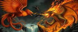 phoenix octopus bird witch bear dragon waterfall looks beyond really powerful slapping a bird in the face with fire, fantasy illustration, in the style of Rembrandt