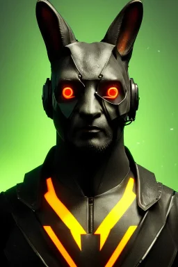 Medium Close Up Portrait, Front image. cyberpunk, rabbit mask, strong man, black hair and beard. latex suit army. Red, yellow, color. Cyber futuristic style. Color background, photo studio. Avatar image, highly detailed, concept art, smooth, unreal engine 5, ray tracing, RTX, lumen lighting, ultra detail, volumetric lighting, 3d, finely drawn, high definition, high resolution.