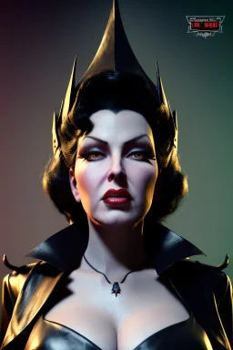 Lana Turner as evil queen in black leather, leather, busty, cleavage, angry, stern look. character design by cory loftis, fenghua zhong, ryohei hase, ismail inceoglu and ruan jia. unreal engine 5, artistic lighting, highly detailed, photorealistic, fantasy