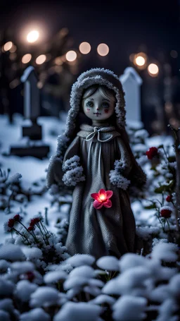 On the grave at night in winter there are many flowers and a toy in the form of a doll