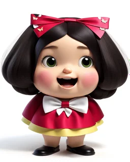 3D. Hyperrealistic photograph of Mafalda in real life, with a bowtie or butterfly type bow on her head. Straight hair. (((Whole body)))