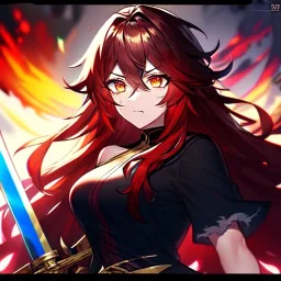 Clear focus, 8k, beautiful lighting, vibrant colors, girl, red long hair, vibrant golden eyes, messy hair, hair in between the eyes, angry, holding sword at you,