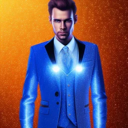 Handsome cosmic man realistic, glitter suit, blue lights, stars