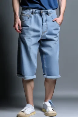 Man's wide leg light blue jeans long shorts