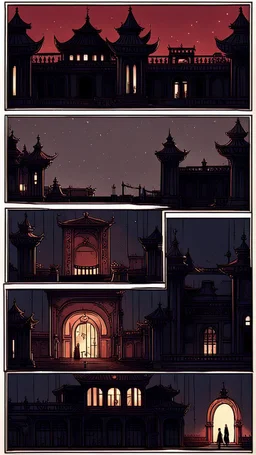 One day in front of a terrifying night palace, 2D, simple