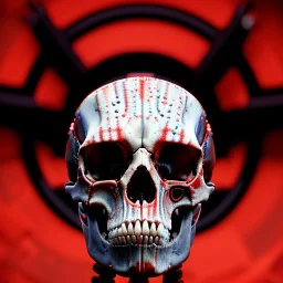 a picture of a dark, comedic, anatomically correct wall of red white and blue tightly packed stacked cyborg skulls of varying sizes and expressions, photo realistic, insanely meticulous, highly detailed, part of a collection of bones on display, 64k, dystopian, vray