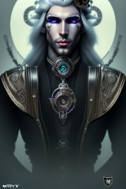 portrait of a dark dark male elf, with long white hair, haunting eyes, and wearing a steampunk exoskeleton powered by gears, in fantasy style