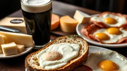 A glass of Guinness stout, a platter of cheeses, a chunk of freshly baked bread with butter and sliced ham, fried eggs. Award-winning colour photograph.