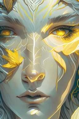 A close-up of the white woman's face, with glowing yellow eyes and sharp claws visible in the foreground, art nouveau botanicals, intricate, highly detailed, digital painting, artstation, concept art, smooth, sharp focus, cinematic, illustration, beautiful face, art by artgerm and greg rutkowski and alphonse mucha