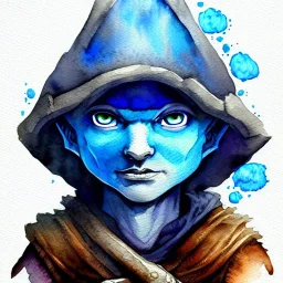 dnd, fantasy, watercolour, ilustration, halfling, artstation, ranger, infused with elemental powers of water, portrait, face, glowing blue eyes