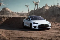 A Tesla 'Model S' is racing at top speed, within the trench of the Death Star. (CINEMATIC, WIDE ANGLE LENS, PHOTO REAL)