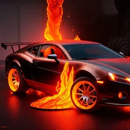 volumetric sweeping view of detailed shaded rendering of a car made of only molten lava, headlights, bumpers, whole car is lava