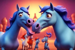 satanic horse whisperer whispering horses so they go crazy, in the style of Pixar, expertly crafted in a whimsical and vibrant cartoon style. is masterfully rendered in a lifelike 3D design, which captivates viewers with there irresistible charm.