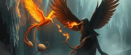 fire smoke and fog and light rays, phoenix jellyfish stingray octopus bird witch in icy waterfall looks beyond really powerful slapping a bird in the face with fire, fantasy illustration, in the style of Rembrandt