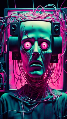 Create an image in "Analog Madness" art style: a surreal, chaotic scene that combines analog TV static, VHS glitches, distorted CRT visuals, and eerie color bleeding. The subject is a humanoid figure with a static-filled face, multiple eyes flickering like broken screens, surrounded by twisted wires, magnetic tape spirals, and corrupted visual artifacts. The background shows a warped analog control room, with glitchy monitors showing unsettling symbols, distorted timelines, and corrupted memorie