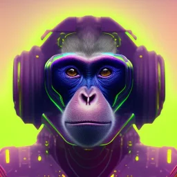 A beautiful portrait of a cyborg monkey purple neon color scheme, high key lighting, volumetric light high details psychedelic background