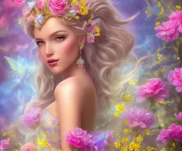 beautiful bright fairy portrait in a pink,blue, yellow flowers background