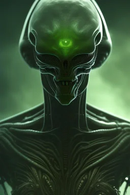 alien, head, evil,green eyes, weapons, blood, 8k, finely detailed, photo realistic, HR Giger style