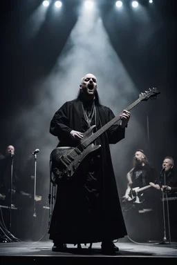katolický biskup hraje na pódiu v blackmetalové kapale na baskytaru a řve do mikrofonu, ponurá atmosféra, veliká scéna koncertu, pentagram, obrácený kříž, veliký kontrast, hodně detailů, fotorealistické, RAW