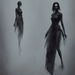 dark elegant dress shadow woman, powerful, creepy, matter, majestic, flow, illustration, concept art, by Greg Rutkowski, Sung Choi, Mitchell Mohrhauser, Maciej Kuciara, Johnson Ting