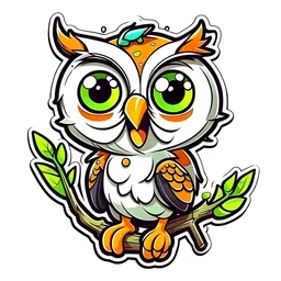 cute stickers, style cartoon, cute Super Deformed Character, white border, high quality, colorful, Detailed illustration of an owl perched on a branch hooting. awesome full color,